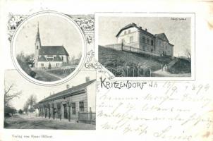 1899 Kritzendorf, church, folk school, Art Nouveau, Verlag von Franz Hilbert (fa)