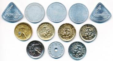 12db fém zseton, közte "Volán TEFU", "Fővárosi Csatornázási Művek", "Kőbány...