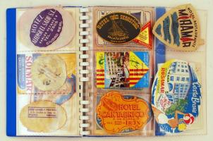 Külföldi  hotelek reklám matricái, bőrönd címkéi, cca 50 db műbőr gyűjtőben