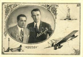 1931 Endrész György és Wilczek (Magyar) Sándor 'Justice for Hungary' oceánrepülésének emlékére / Hungarian pilots, memorial card for their flight across the ocean, aeroplane, Art Nouveau