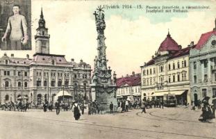 Újvidék, Ferenc József tér, Városháza, IV. Károly, villamos / square, town hall, Charles IV, tram (ázott / wet damage)