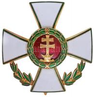 1939. "A Magyar Érdemrend tisztikeresztje hadiékítménnyel" jelzetlen zománcozott, aranyozott kitüntetés függőleges tűvel T:1-,2 kis ph. Hungary 1939. "Hungarian Order of Merit, Officer's Cross with a war decoration" enamelled, gilt decoration without hallmark, with vertical pin C:AU,XF small edge error NMK 378.