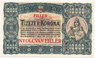 1923. 10.000K "80 FILLÉR - NYOLCVAN FILLÉR" felülbélyegzéssel, nyomdahely jelölés nélkül T:I- kis ránc Adamo K42/2B