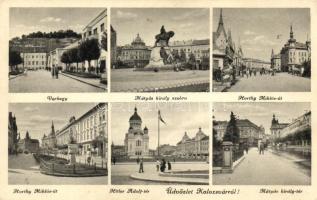 Kolozsvár, Várhegy, Mátyás király szobra, Horthy Miklós tér és út, Hitler tér, Ortodox templom, Mátyás király tér, Márton Jenő felvétele / square, statue, street, church (EK)