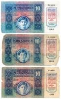 1915. 10K (3x), kettő piros "MAGYARORSZÁG" körbélyegzővel, egy pedig román felülbélyegzéss...