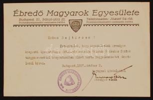 1927 Ébredő Magyarok Egyesület ülésnek meghívója. Géppel írt, pecséttel ellátott.