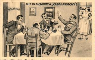 Mit is mondott a Kabai asszony?, bor és sör, Hungarian humorous card, wine and beer
