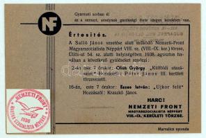 1938 Nemzeti Front értesítése gyűlésről ahol Oláh György ill., Eszes István tart előadást.