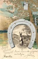 Easter, rabbit and birds with horse shoe, golden and silver decoration, Emb. litho (EK)