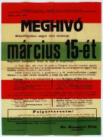 1941 Meghívó (plakát) Kiskunfélegyháza megyei város közönsége március 15-ét kegyeletes  szokásához hívén az idén is megünnepli. dr. Rozsnyai Béla polgármester. (kicsit szakadt)62x47cm