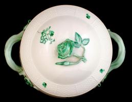 Herendi, virágmintás leveses tál, jelzett (tanuló), kézzel festett, hibátlan, 28,5×20 cm, m:24 cm