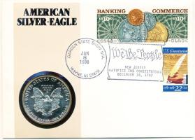 Amerikai Egyesült Államok 1987. 1$ Ag "Liberty", borítékon bélyegekkel, bélyegzéssel és német nyelvű tájékoztatóval (1oz/0.999) T:1 USA 1987. 1 Dollar Ag "Liberty" on envelope with stamps and overprints, and information (1oz/0.999) C:UNC