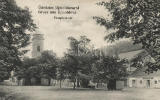 Újmoldova, Templom tér, M. Bauer K. üzlete / church, square, shop (EK)