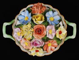 Herendi kézzel festett virágmintás, áttört porcelán füles tál virágokkal díszített fedővel, hibás, j...