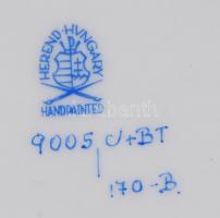 Herendi kézzel festett virágmintás, áttört porcelán füles tál virágokkal díszített fedővel, hibás, j...