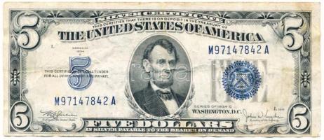 Amerikai Egyesült Államok 1934C 5$ "Abraham Lincoln" kék pecséttel T:III USA 1934C 5 Dollars "Abraham Lincoln" with blue seal C:F Krause 414A