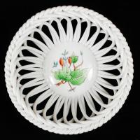 Herendi csipkebogyó mintás kézzel festett áttört kosár, hibátlan, jelzett, d: 13 cm, m: 5 cm