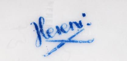 Herendi virágmintás kézzel festett áttört kosár, hajszálrepedéssel, jelzett, d: 12 cm, m: 4 cm