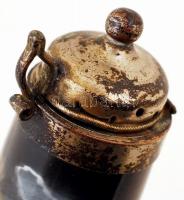 Antik vadászjelenetes porcelán pipafej, fém tetővel, h: 17 cm