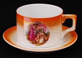 Zsolnay mokkás csésze + alj, életképes matricás, jelzett, hibátlan