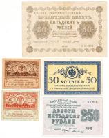 Oroszország 1915. 50k + Ideiglenes kormány 1917. 20R + 40R + Szocialista Szövetségi Szovjet Köztársaság 1918. 50R + 1919. (1920) 250R T:vegyes Russia 1915. 50k + Provisional Government 1917. 20 Rubles + 40 Rubles + Russian Socialist Federated Soviet Republic 1918. 50 Rubles + 1919. (1920) 250 Rubles C:mixed