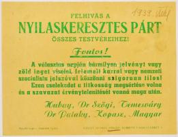 1939 "Felhívás a Nyilaskeresztes Párt összes testvéreihez!" röplap, 15x12 cm