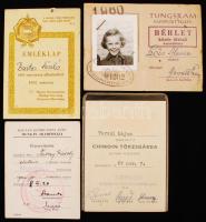 1948-1967 Különböző igazolványok: Chinoin törzsgárda, Tungsram vízsport telep bérlet, emléklap az első szavazás alkalmából, Magyar Kommunista Párt Munkás Akadémiája