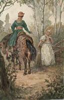 Romantikus pár lóval, orosz folklór, T.S.N. R.M. No. 23. s: Solomko, Meeting / Russian folklore, romantic couple with horse, T.S.N. R.M. No. 23. s: Solomko