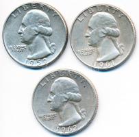 Amerikai Egyesült Államok 1959-1962. 1/4$ Ag "Washington Quarter" (3x) T:2-
USA 1959-1962....