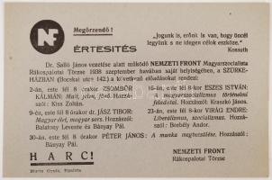 1938 A Nemzeti Front értesítése gyűlésekről, előadásokról a Rákospalotai Törzs számára, hungarista szórólap