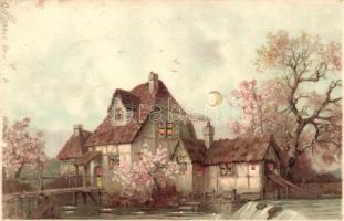 House next to the river, hold to light litho, Ház a folyó mentén, fény felé tartandó képeslap, litho