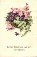 10 db RÉGI motívumlap pár lithoval; üdvözlő (újév, karácsony, névnap) / 10 old motive cards with som...