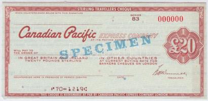 Nagy-Britannia DN "Canadian Pacific Express Company" 20Ł "SPECIMEN" utazási csekk T:I- hajtatlan Great Britain ND "Canadian Pacific Express Company" 20 Pounds "SPECIMEN" travellers cheque C:AU unfolded