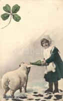 New Year, girl, champgane drinking pig, clover (EK)