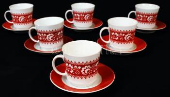 Alföldi porcelán népi motívumos kávés/teáskészlet: 6 db csésze és csészealj, jelzett, kis hibával, csészék: d: 6 cm, m: 6,5 cm; csészealjak: d: 11 cm