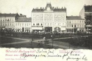 1899 Budapest IV. István tér, Vásárcsarnok; Laufer József Bor- és Sörházával, Fuchs Ede, Hoffmann Albert és Bloch Salamon üzleteivel