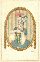 Baroque lady with cat in frame, B.K.W.I. 622-34. litho s: August Patek Barokk hölgy macskával, B.K.W...