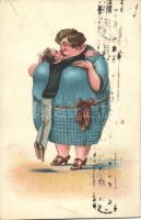 Fat woman with skinny man, kiss, humour litho (EK)