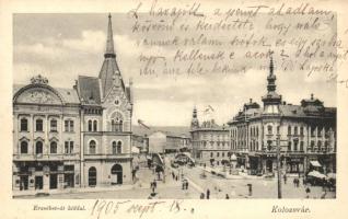 Kolozsvár, Erzsébet út, híd, gyógyszertár, ital- és húsbolt / street, bridge, pharmacy, drink and meat shop (pinhole)