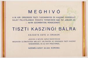 1927 Meghívó a M.Kir. Országos Tiszti Tudományos és Kaszinó Egyesület által rendezett tiszti kaszinói bálra