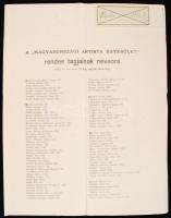 1909 A Magyarországi Artista Egyesület tagjainak névsora, 4p.