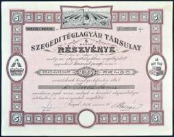 Szeged 1926. "Szegedi Téglagyár Társulat" 5db részvénye 125P-ről szelvényekkel T:I