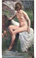 The Nymphe with the flags, erotic nude art postcard s: Grenouilloux-Fleuron (EK)