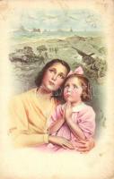 WWII military card, cannon, tank, praying mother and daughter, artist signed (EK)