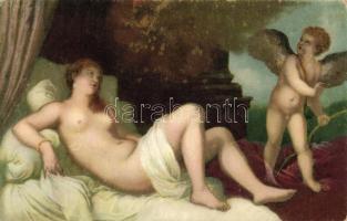 Erotic art postcard, lady and angel, litho (Rb)