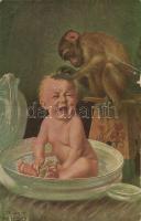 Unerbetener Liebesdienst / Child, monkey, humour s: A. von Riesen (small tear)