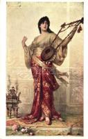 La fille de l&#039;orient / Eastern florist lady with musical instrument, folklore s: Sichel