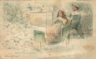 Hiver et Été / Winter and summer, girl with boy, sleigh, donkey carriage, Meteor No. 576. hold to light litho (EB)