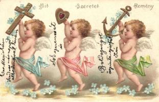 Theological virtues: Faith, Hope, Charity; angels Emb. litho