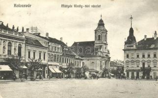 Kolozsvár, Mátyás király tér, Dick áruház, Iparos Egyesület, Iparbank Rt., Medgyesi és Nyergutz üzlete / square, shops, bank (fa)